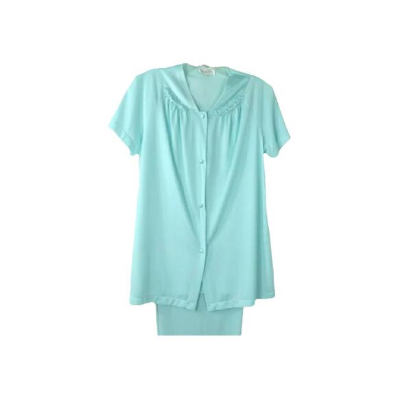 1970s Vanity Faire Azure‎ Mist Blue Medium Short Sleeve Top Pants Pajama Set NWT - Picture 3 of 10
